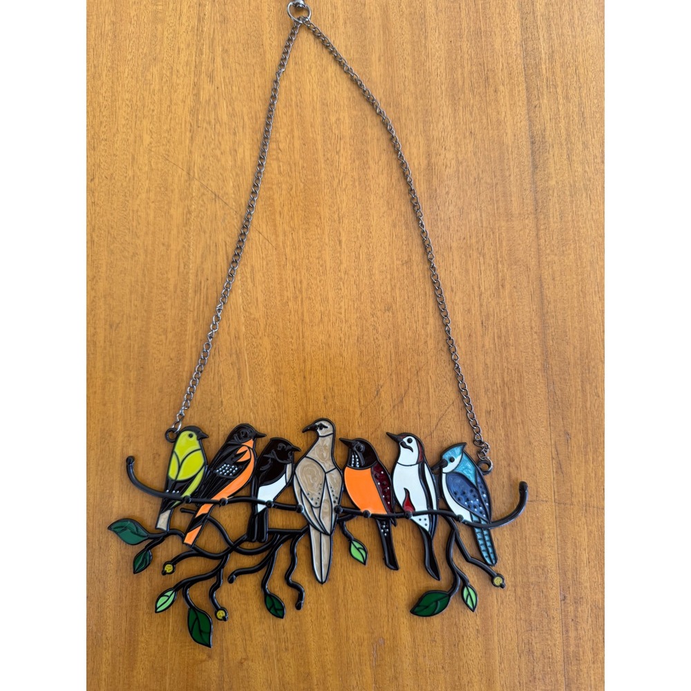 Stained Glass Style Birds on a Branch Suncatcher Hanging Wall Decor Multicolor